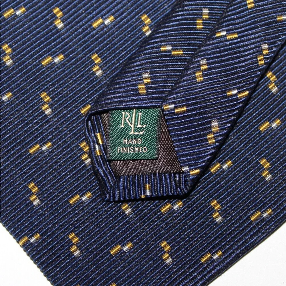 Ralph Lauren Necktie blue yellow USA hand finished cotton silk ribbed
